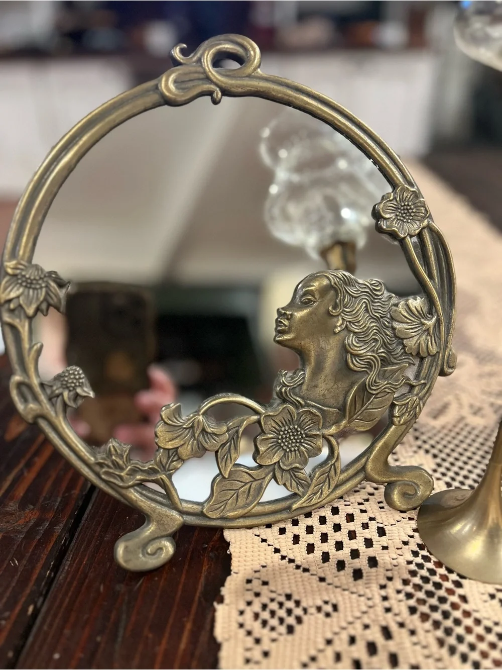 Antique-Style Brass Decorative Mirror with Floral Relief - Brass Finish